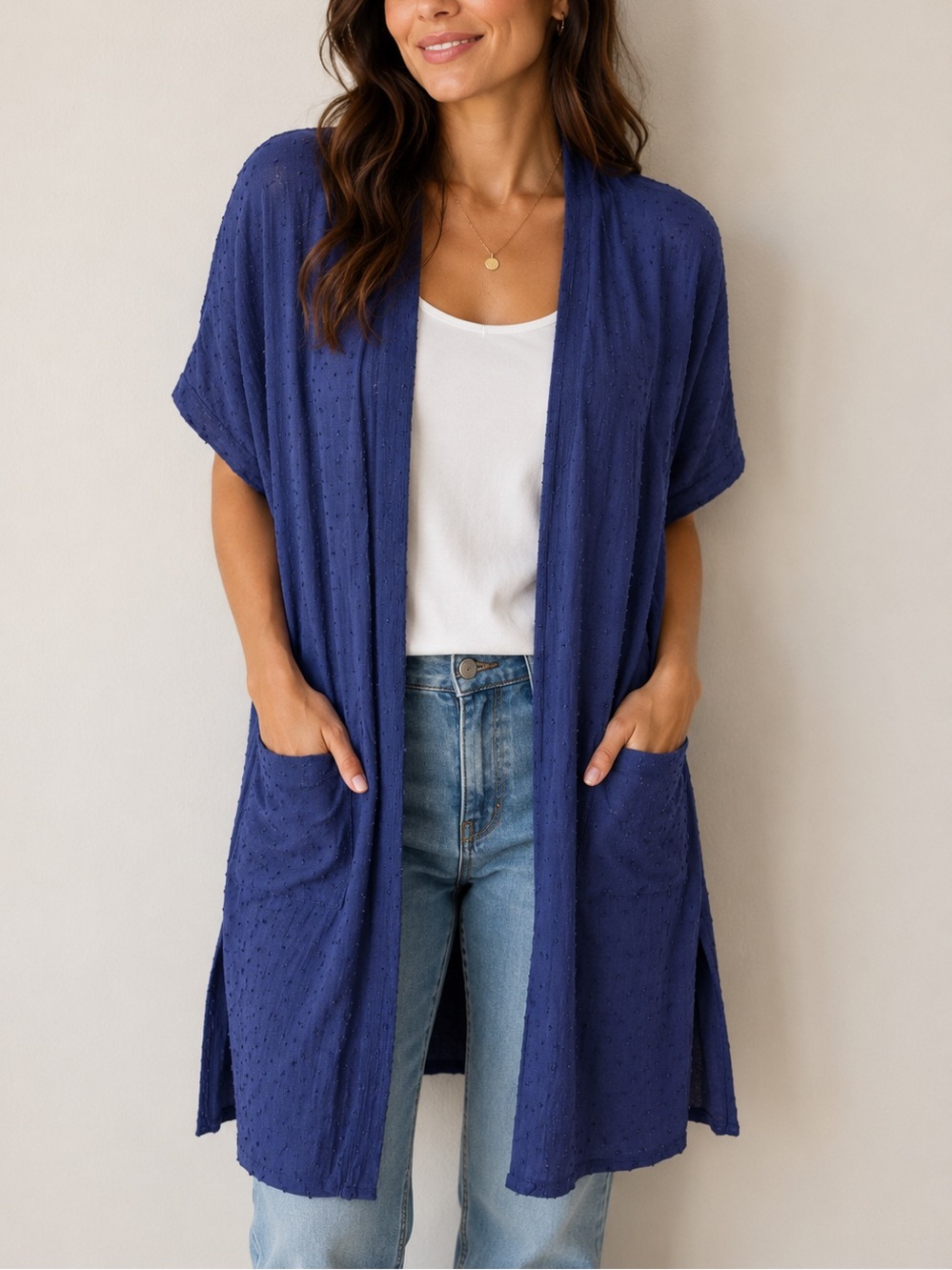 FAVLUX Navy Blue Swiss Dot Duster Cardigan Coverup Size Medium Lightweight Boho